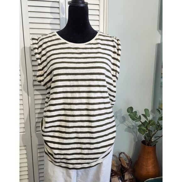 Liz Claiborne Women's Cap Sleeve Tee Army Green Striped 100% cotton Size Large - Picture 1 of 7